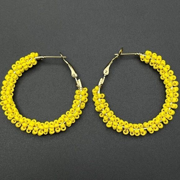 Yellow Gold Wire Wrapped Yellow Beaded Open Round Hinged Post Hoop Earrings - Picture 2 of 9